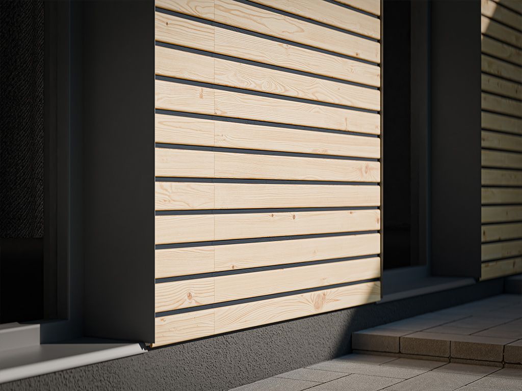 Hauseingang mit Fassade aus Kanadischer Lärche im Rhombusprofil neben dunkler Wand